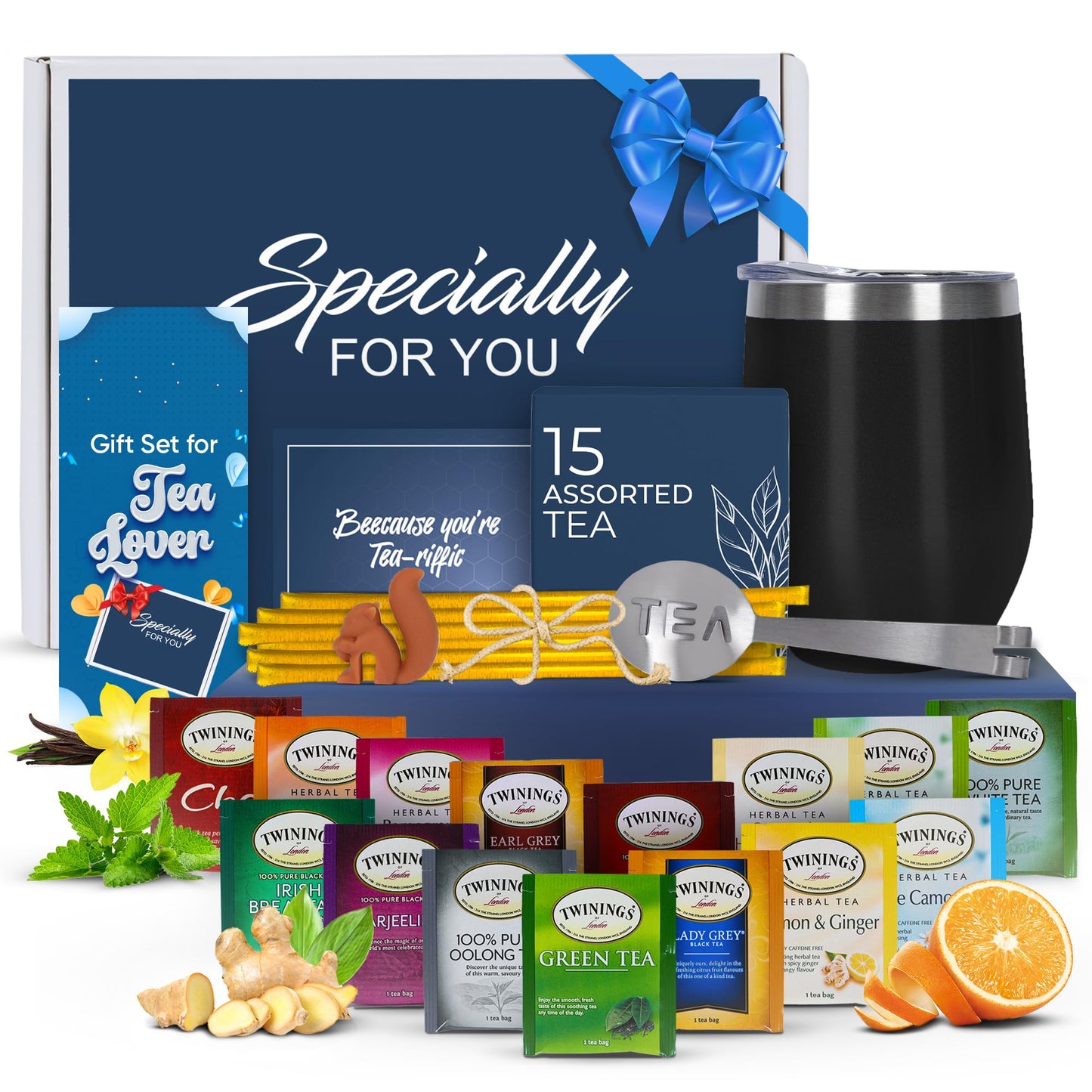 Tea Gift Set For Women And Men – Elegant Tea Sets For Women Gift With 15 Unique Teas, Stainless Steel Tumbler & 10 Honey Straws In Enhanced Box (Black)