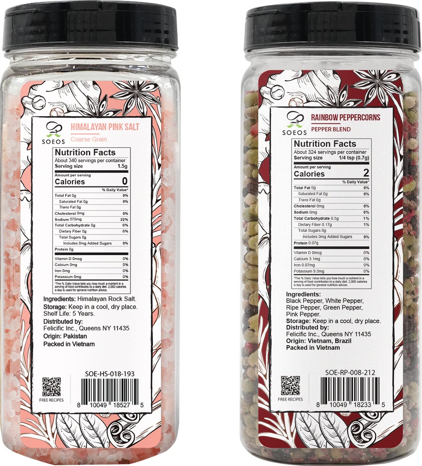 Soeos Himalayan Pink Salt And Rainbow Peppercorn Grinder Refills, 18Oz Salt & 8Oz Peppercorns, Kosher Seasoning Set For Cooking