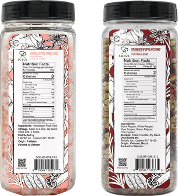 Soeos Himalayan Pink Salt And Rainbow Peppercorn Grinder Refills, 18Oz Salt & 8Oz Peppercorns, Kosher Seasoning Set For Cooking
