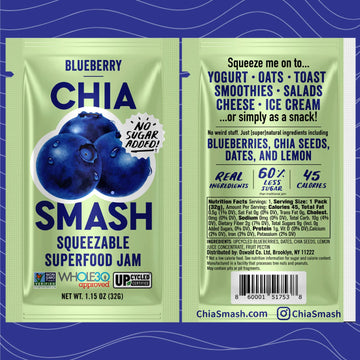 Chia Smash Blueberry Jam Squeeze Packets | Natural, Keto & No Sugar Added | Vegan & Upcycled Fruit Spread | Low-Calorie, Superfo