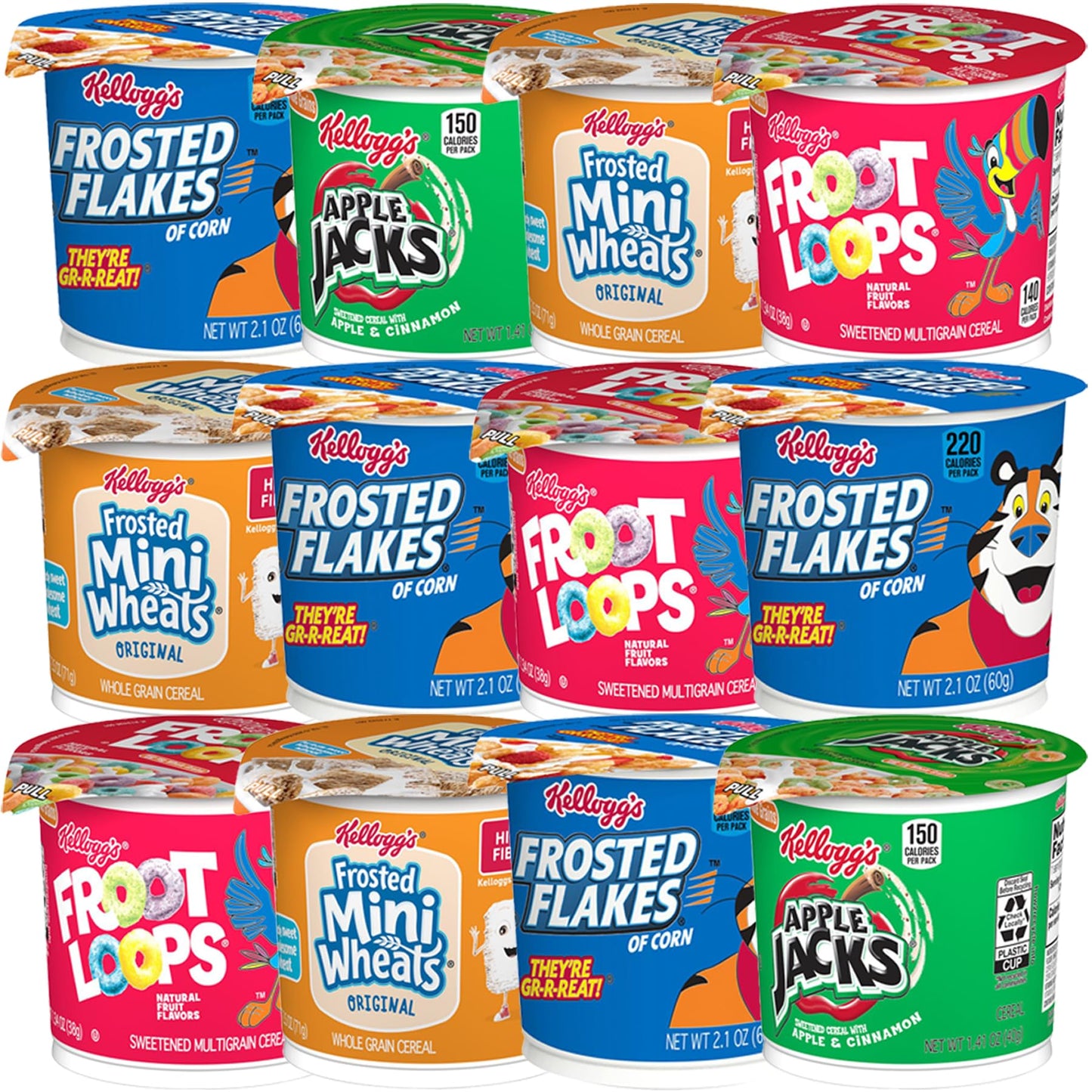 Cereal Cups Variety Pack - Single Serve Breakfast Cereal Assortment - Mini-Wheats, Frosted Flakes, Froot Loops, Apple Jacks - Ca