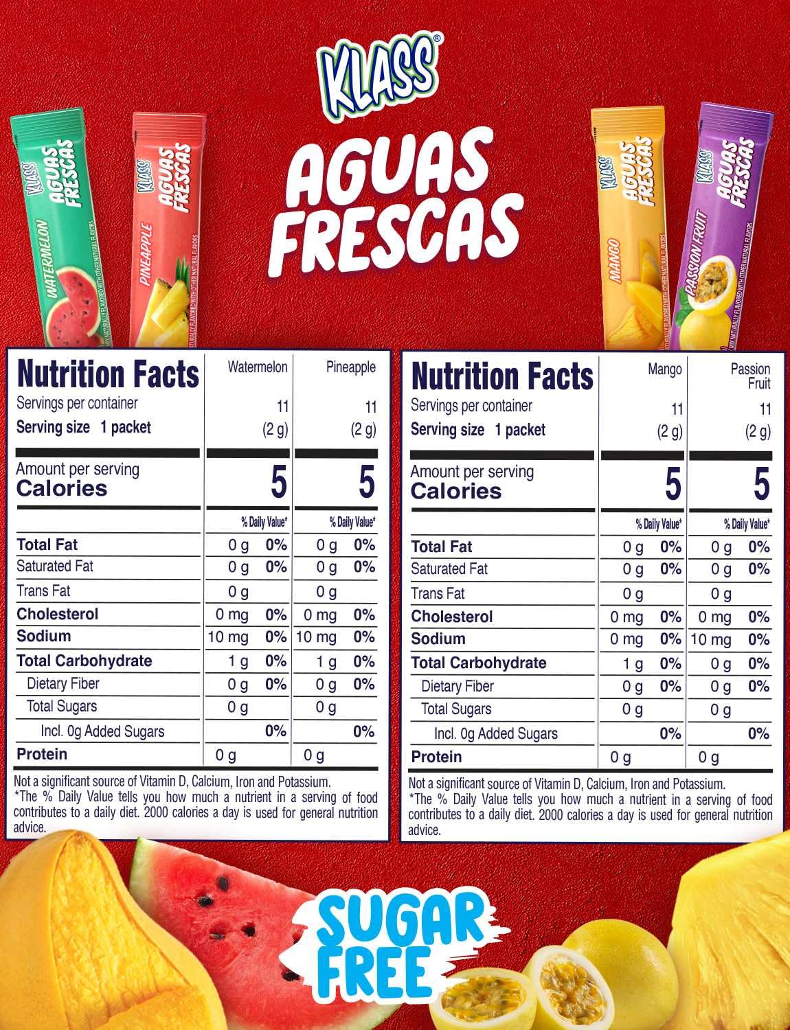 Klass Aguas Frescas Powdered Drink Mix | 44 Sugar Free Powder Packets | Flavors - Mango Watermelon Pineapple & Passionfruit - Wa