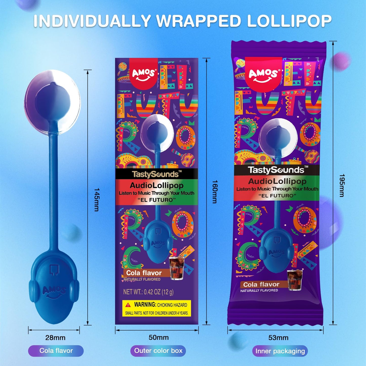 Amos Music Sugar-Free Lollipop Candy Suckers, Individually Wrapped Cola Flavor - Unique Gift, 1 Count