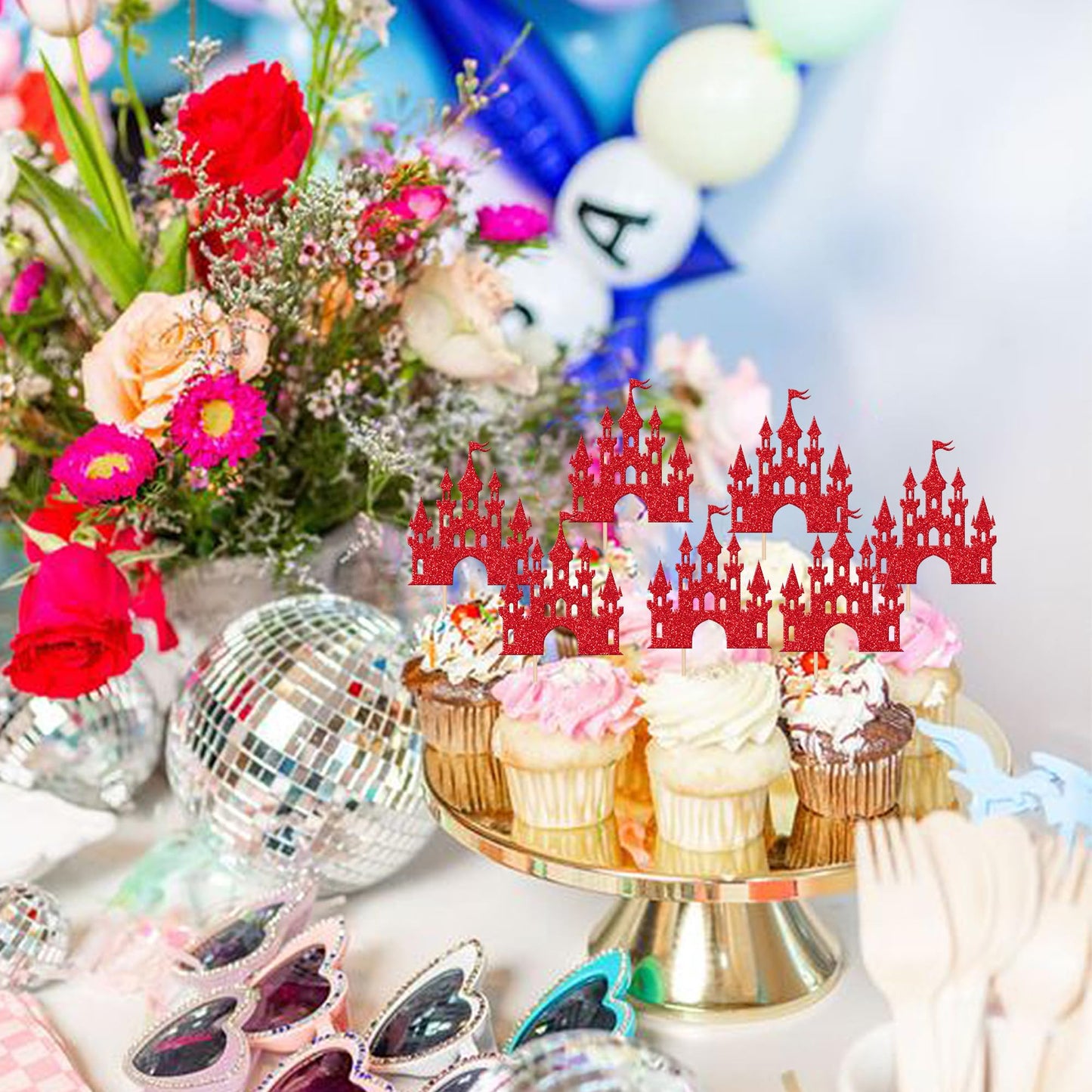 ZHUOWEISM 24 PCS Princess Castle Cupcake Toppers Glitter Red Birthday Party Decorations for Girls Baby Shower