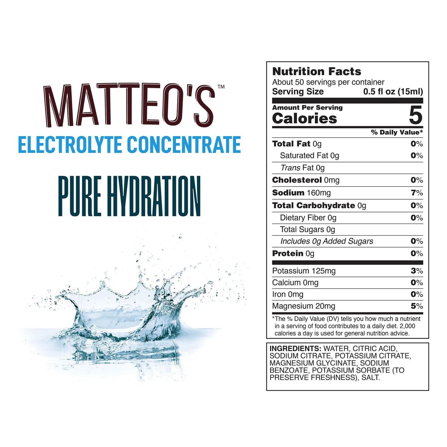 Matteos Electrolyte Drink Concentrate - Sugar-Free, Plain Flavor, 25.4 Fl Oz, Ideal for Workouts and Travel