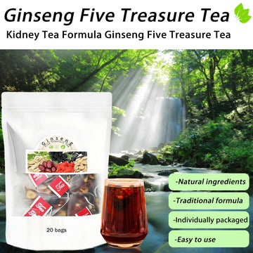 Ginseng Five Treasures Tea Kidney Tea Ginseng & Mulberry Herbal Teas Kidney Cleanse Detox Beverage for Women & Men Nnatural Ingredients Sweet Taste and Aroma 20bags