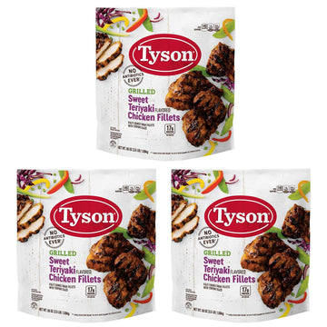 Gourmet Kitchn Tyson Grilled Sweet Teriyaki Flavored Chicken Fillets Fully Cooked (Pack of 3, 56 oz Each, 10.5 Lbs Total) - Froz