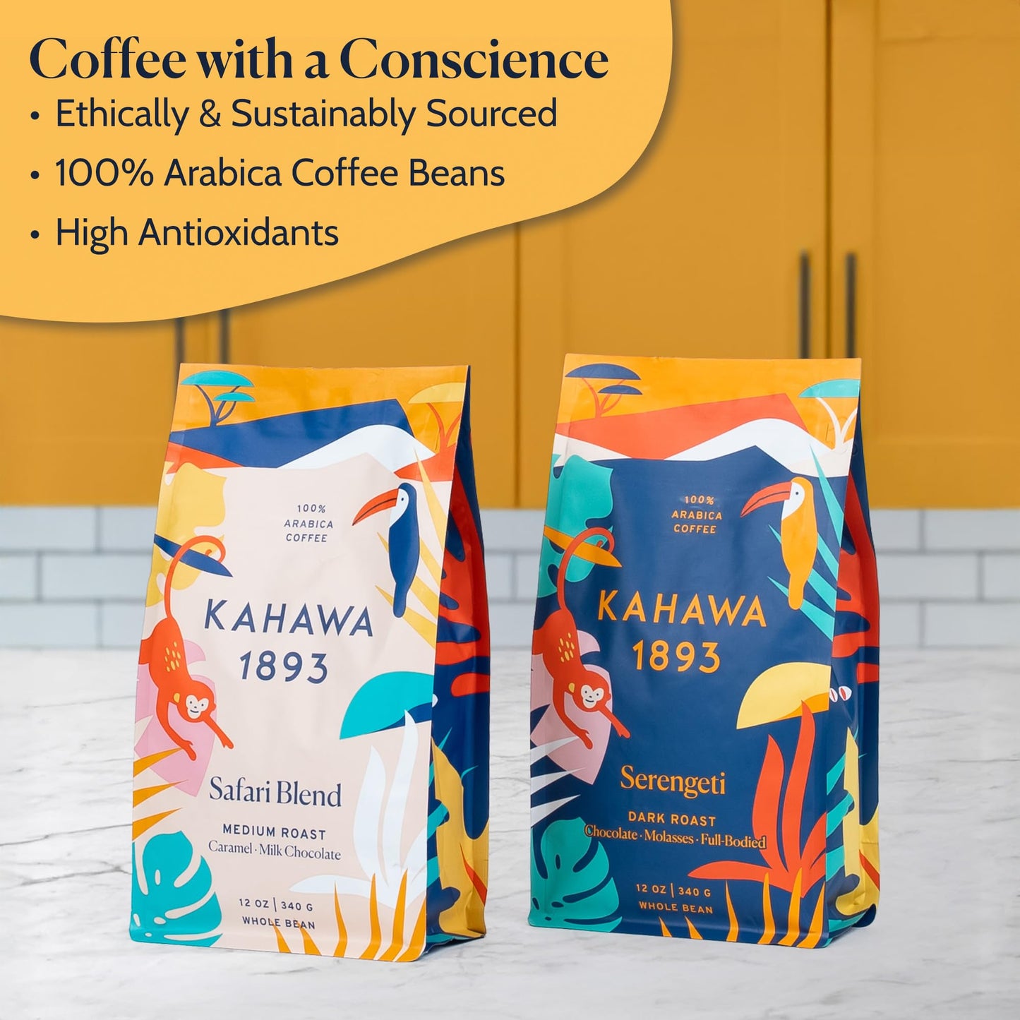 KAHAWA 1893 Whole Bean Coffee Combo Pack, Safari & Serengeti Blend, 12 Oz x 2, Ethically Sourced, High Antioxidants