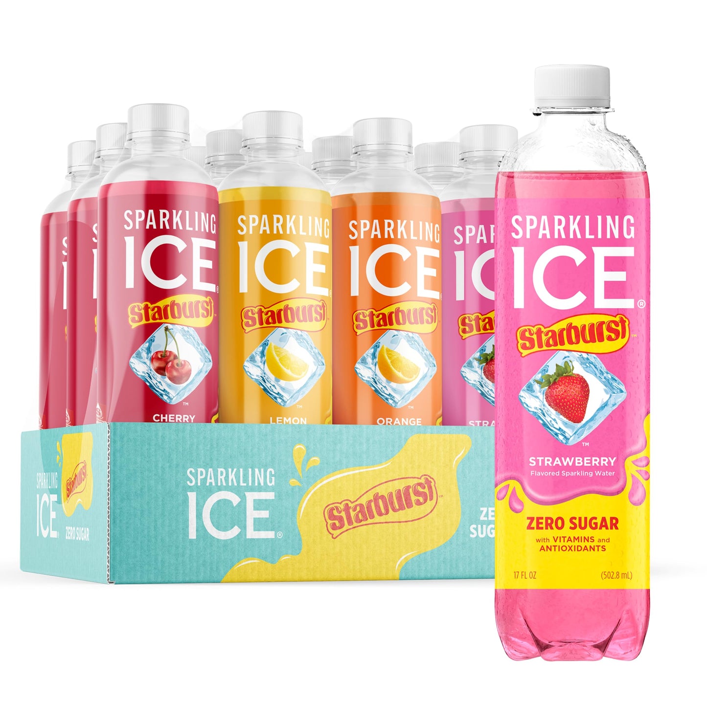 Sparkling Ice STARBURST Variety Pack, Zero Sugar Sparkling Water, 12 Count, 17 Fl Oz (Cherry, Strawberry, Lemon, Orange)