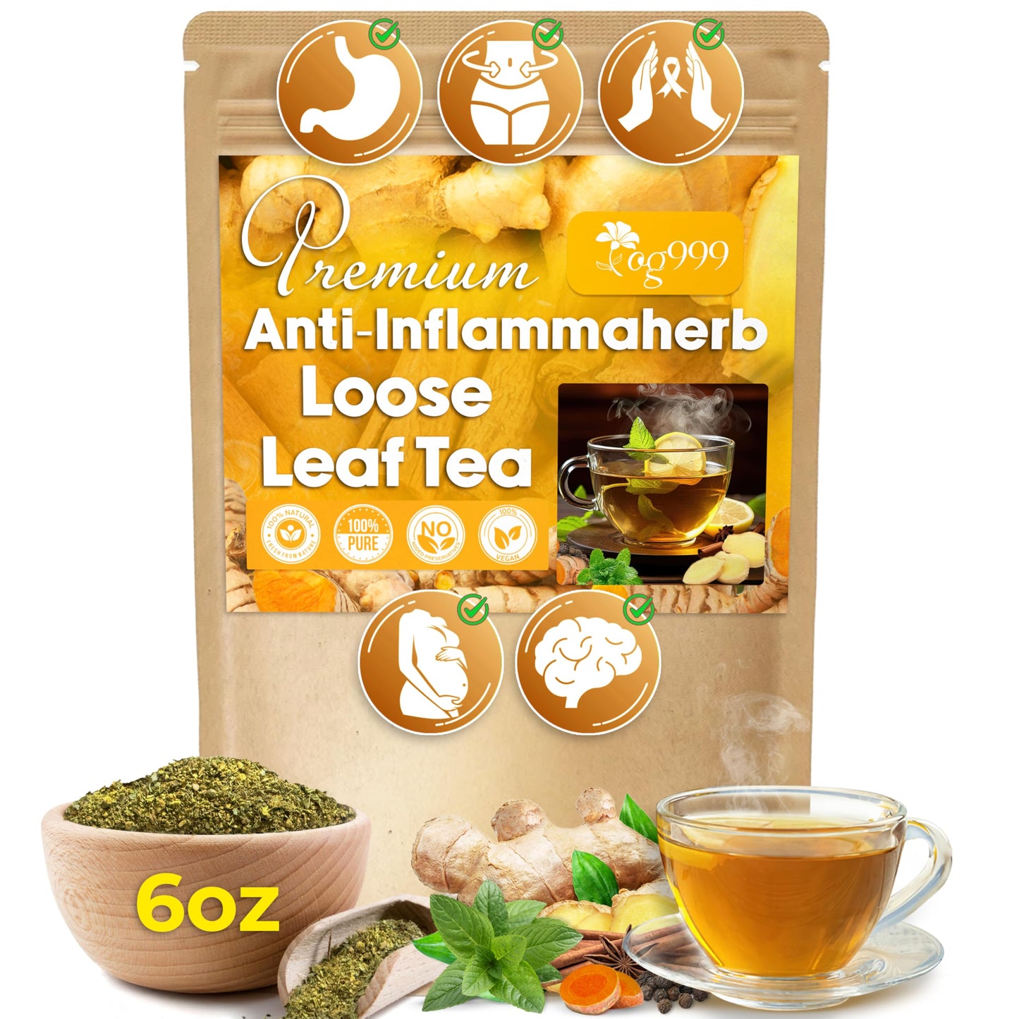 Tog999 6Oz Anti-Inflammaheb Loose Leaf Tea | 100% Natural Blend Of Flavor Blendger Turmeric Peppermint Black Pepper & Cinnamon | Energy Blend-Free Sugar-Free Gluten-Free Vegan Handcrafted