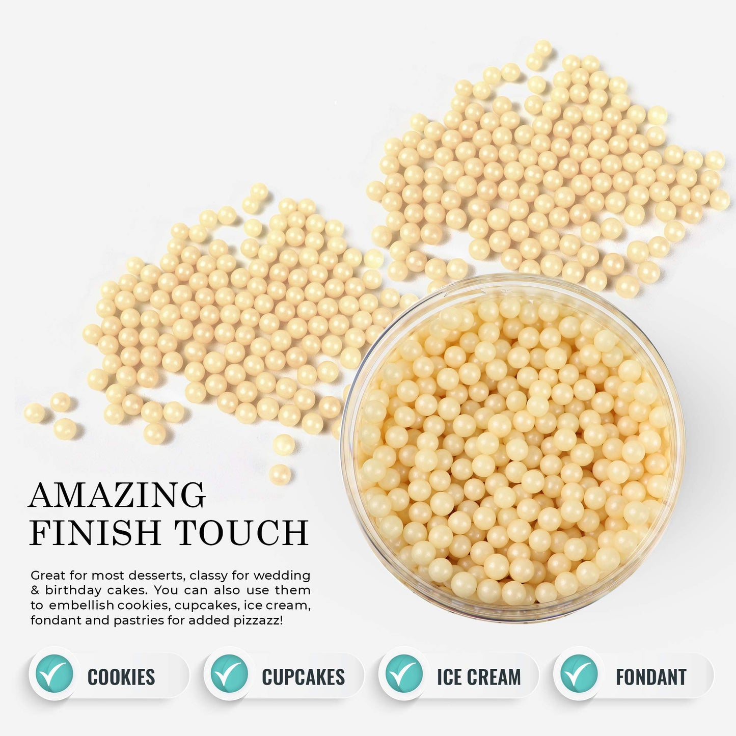 OCREME Edible Sugar Pearls for Cake Decorating, Ivory, 8mm, 8 oz