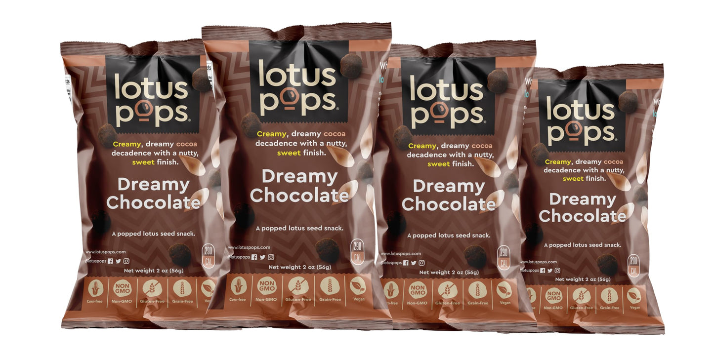 Lotus Pops - Popped Lotus (Water Lily) Seed Snacks Low Calorie Gluten Free Snacks | Plant Protein | Roasted Not-Fried | Paleo | Grainfree | Nongmo | Healthy Dessert | (Classic Chocolate 4 2Oz Packs)
