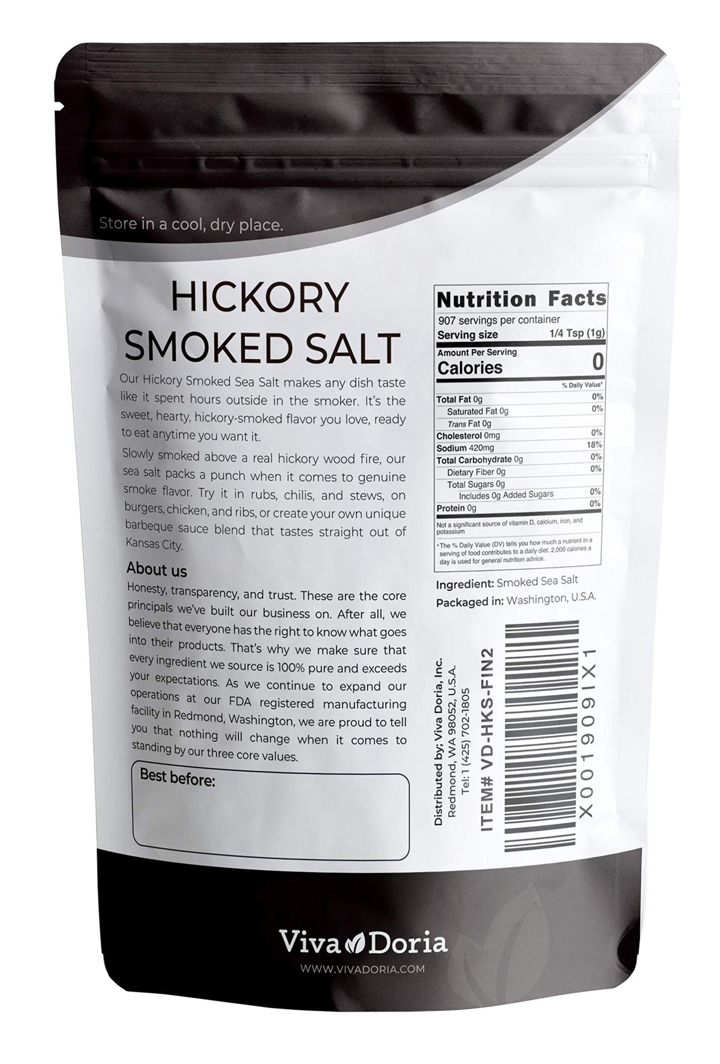 Viva Doria Hickory Smoked Sea Salt, Fine Grain, 32 Ounce, Natural Flavor