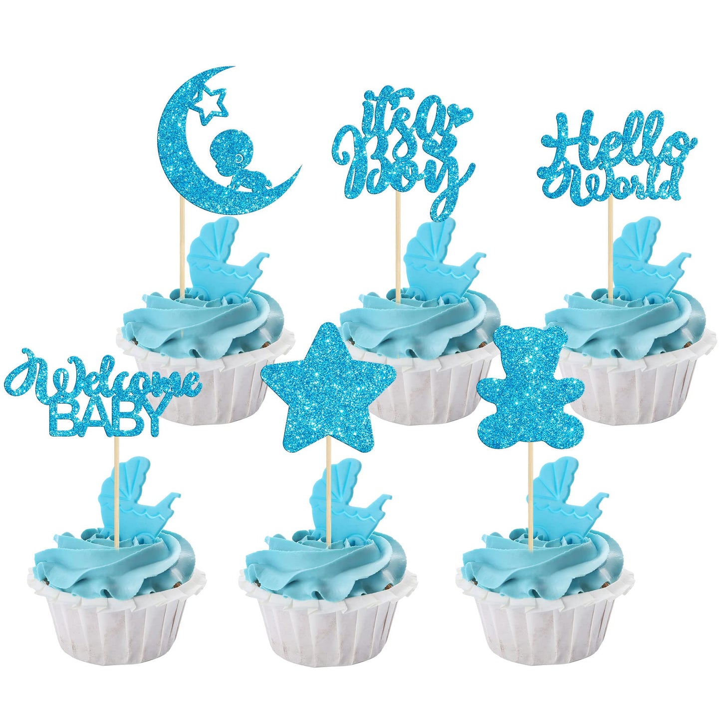 Gyufise 24Pcs Baby Boy Cupcake Toppers With Moon Glitter Star Bear It S A Boy Welcome Baby Baby Shower Cupcake Picks For Gender Reveal Baby Shower Kids Birthday Party Supplies Deep Blue