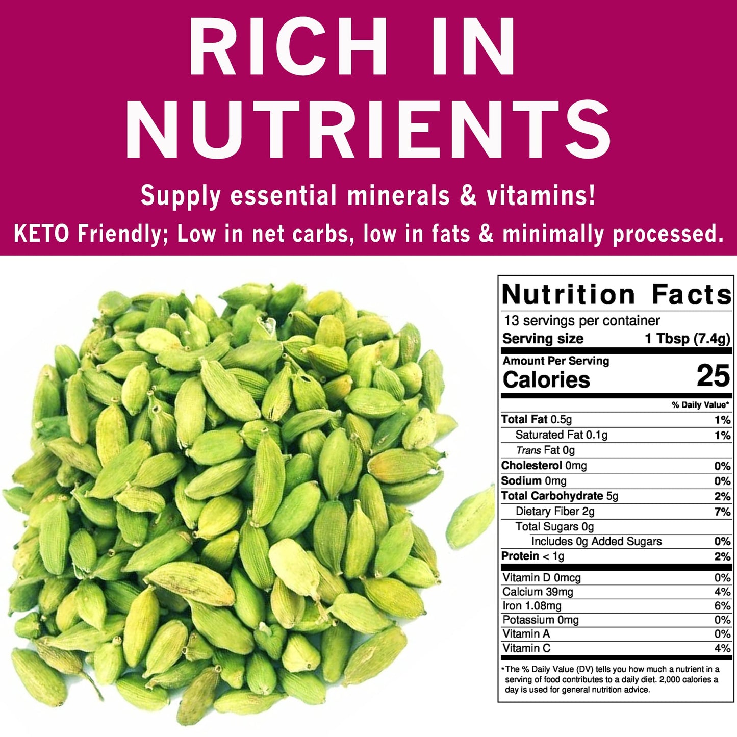 Spices Village Green Cardamom Pods Whole Spice, 3.5 oz, All Natural, Kosher, Gluten Free, Vegan, Non-GMO, Resealable Bulk Bag