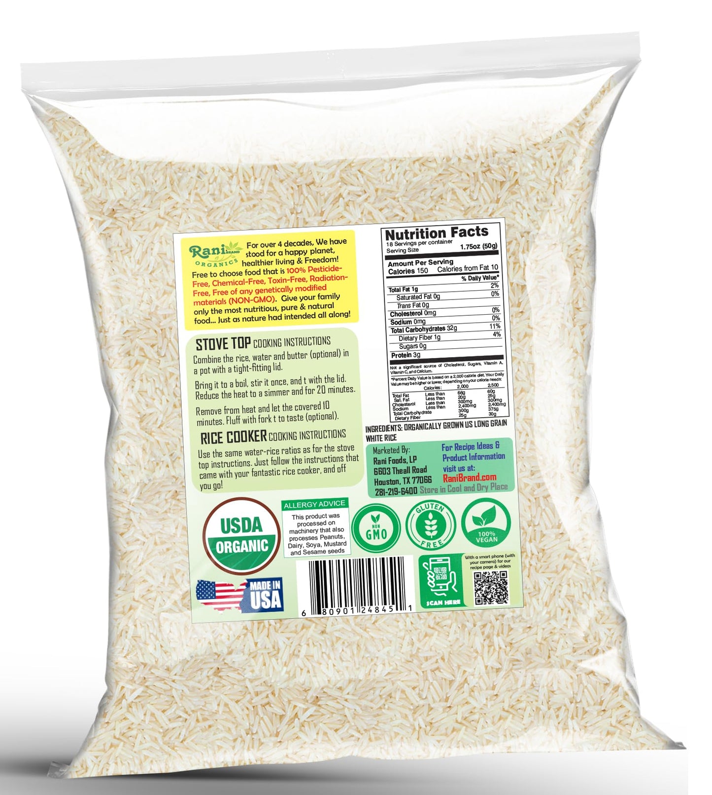 Rani Organic Long Grain White Rice 32Oz (2Lbs) 908G ~ All Natural | Gluten Friendly | Vegan | Non-Gmo | Kosher | Product Of Usa