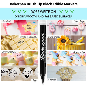 Bakerpan Food Coloring Markers, Brush Tip Black Edible Markers For Writing On Cake Pops And Candy Melts, Cake Decorating - Set Of 3 (Made In Usa)