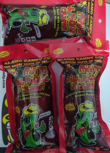 Alamo Candy Mini Tex Dill Pickle In Chamoy - Three Pickles & One NG Joy Sticker - Individually Wrapped - Made In San Antonio, Te
