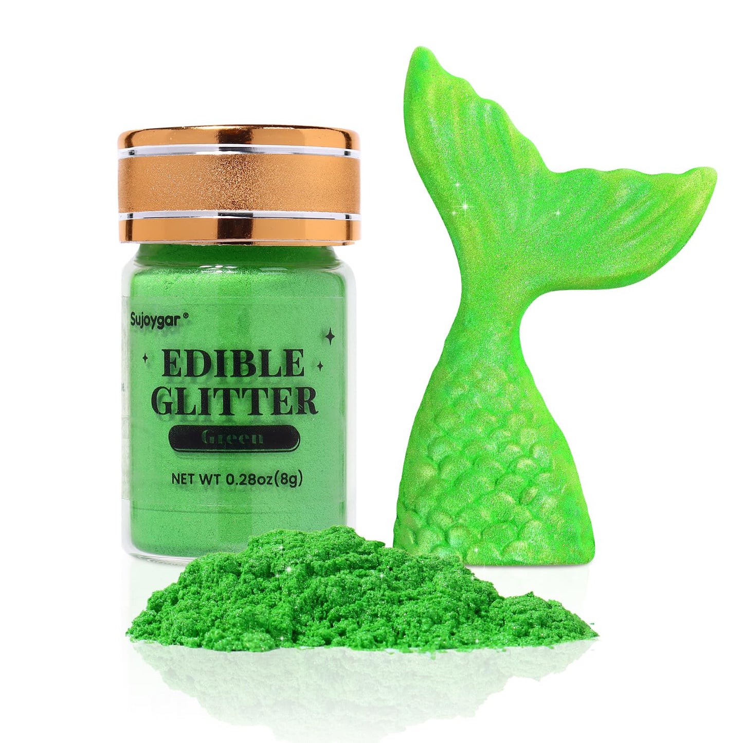 Sujoygar Edible Glitter, Food Grade 8g, Green, Kosher & Halal Certified for Drinks, Baking, Cocktails, Cupcakes, Chocolate, Strawberry