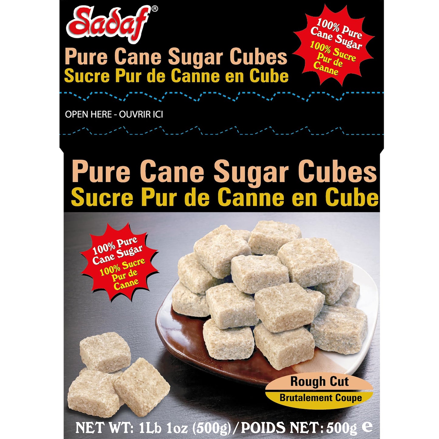 Sadaf Pure Cane Sugar Cubes - Brown Sugar Cubes for Cooking and Baking - 100% Cane Sugar Cubes for Tea - Persian Cuisine - Kosher - 500 g Box