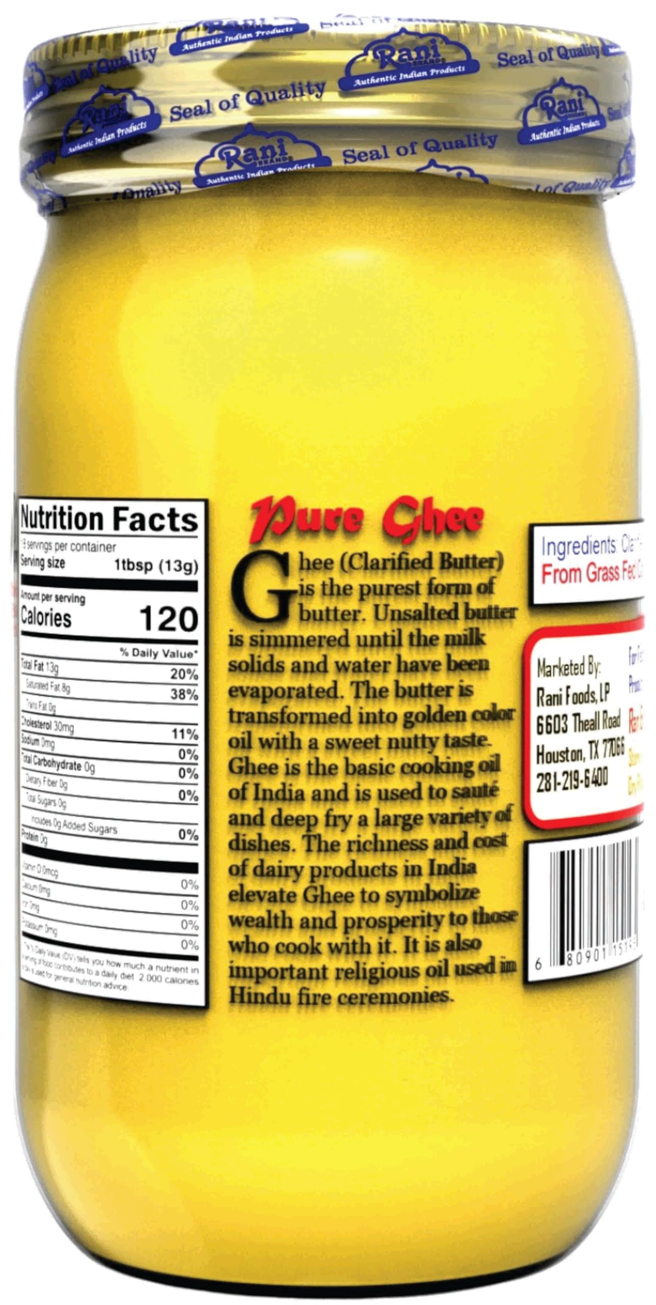 Rani Ghee Pure & Natural from Grass Fed Cows (Clarified Butter) 16oz (1lb) 454g ~ Glass Jar | Paleo & Keto Friendly | Gluten Fre