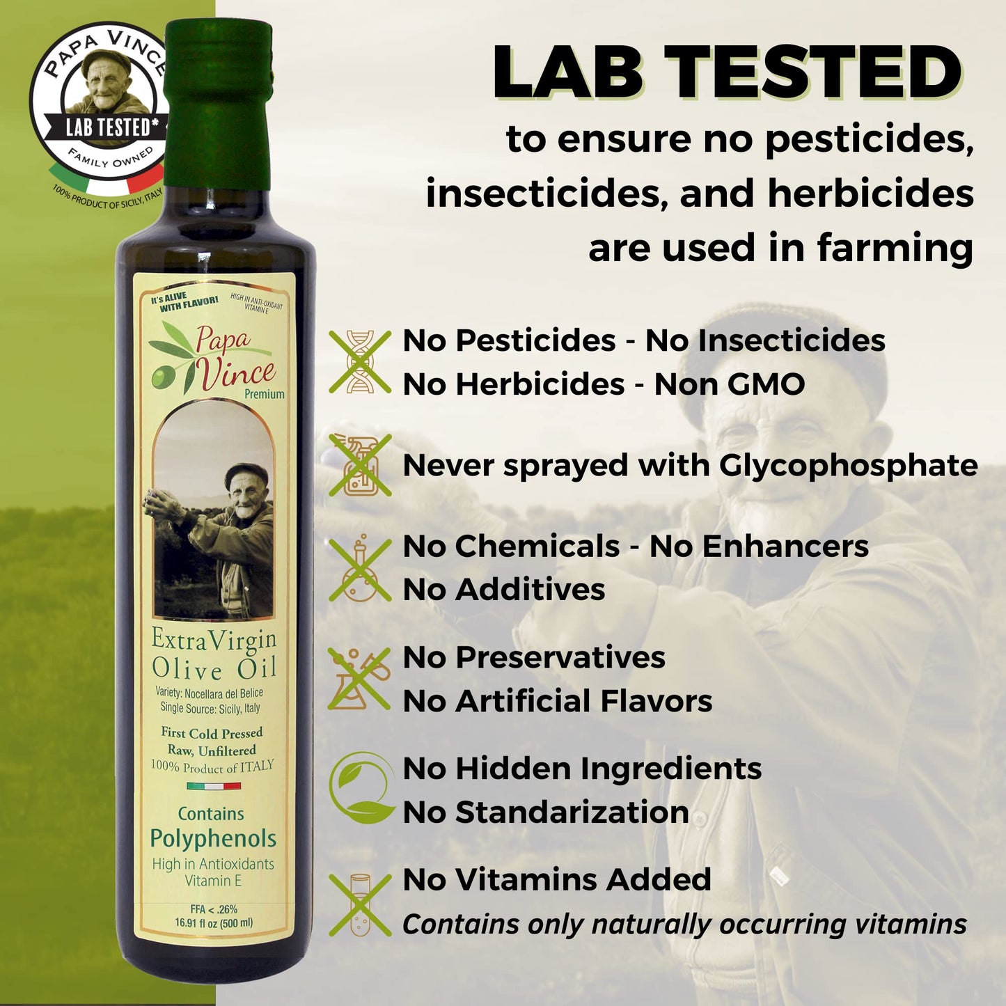 Papa Vince Extra Virgin Olive Oil - Hydroxytyrosol, Polyphenol-Rich, 16.91 Fl Oz, First Cold Pressed, Single Estate, Sicily, Italy