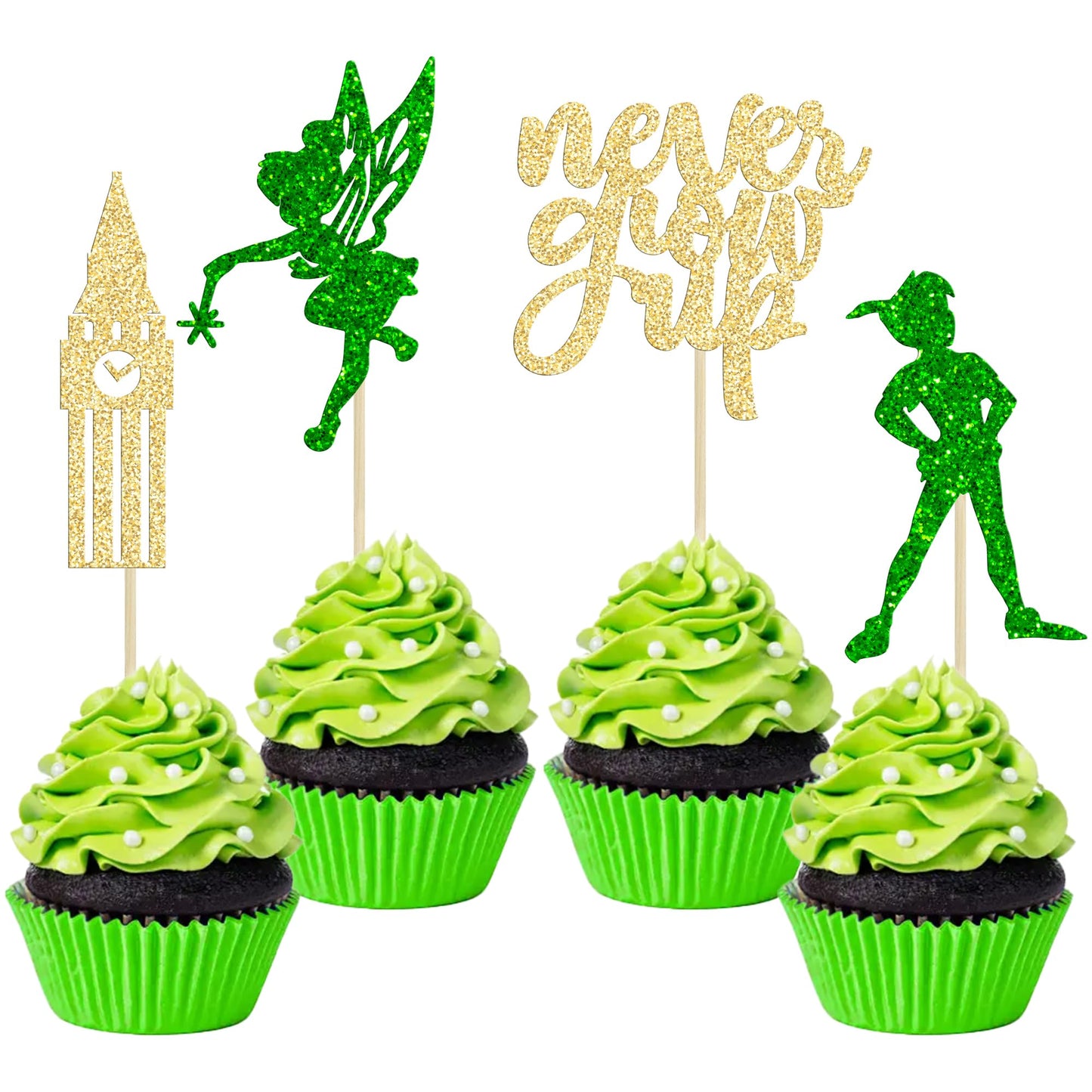 Gyufise 24 Pack Never Grow Up Cupcake Toppers P Pan Cake Toppers Baby Shower Never Grow Up Cupcake Picks For Neverland Theme Boys Girls 18+ Uses Birthday Party Cake Decorations Green Gold Glitter