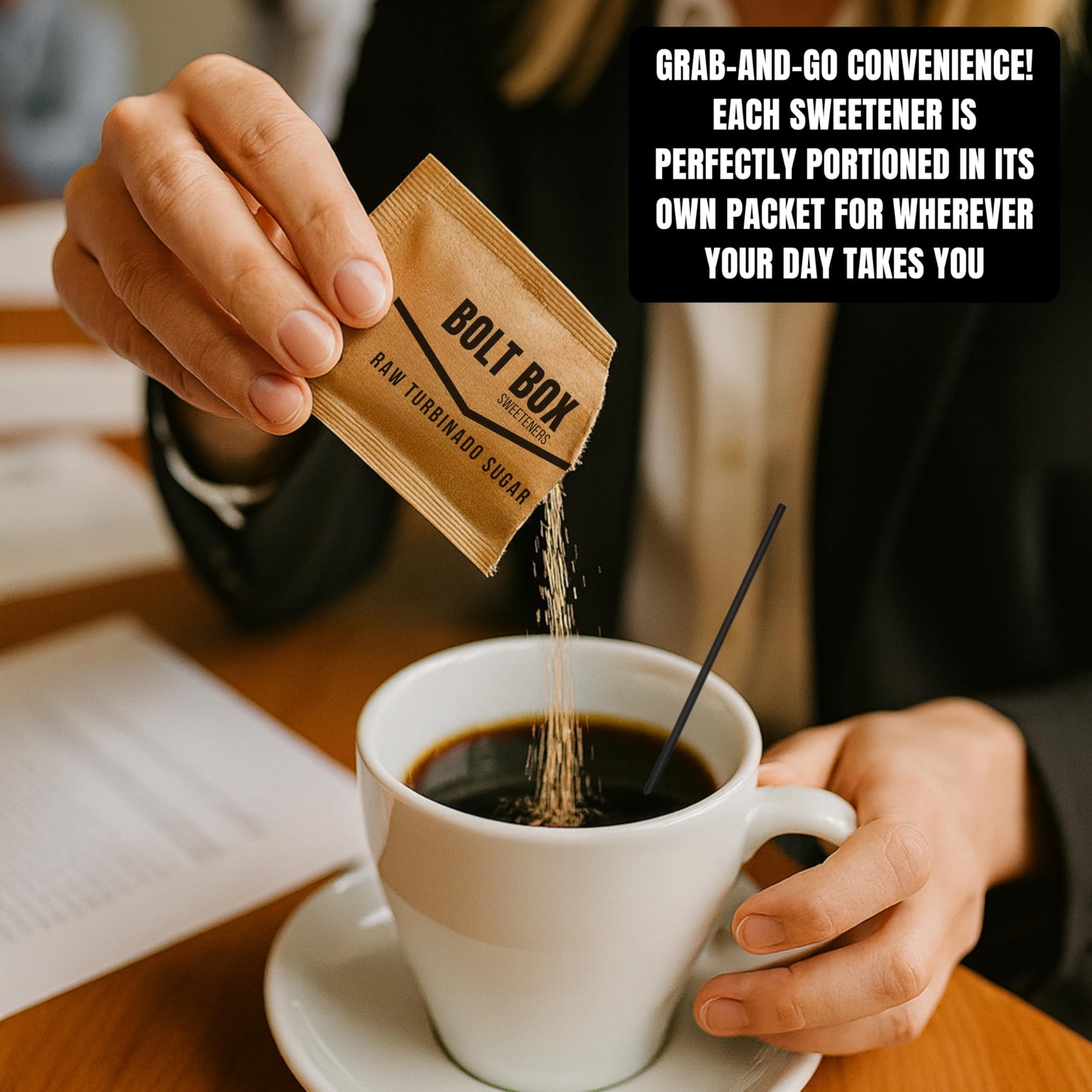 (400 total, 100 each) Bolt Box Sugar & Sweetener Packets Box - Cane Sugar, Substitute Packets, Plastic Coffee Stirrers
