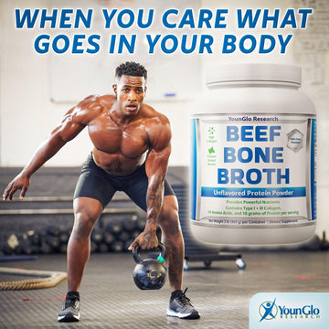 YounGlo Research Bone Broth Beef Protein Powder - Unflavored, 2 lb, High Collagen from Grass Fed Bovine - Paleo & Keto Friendly