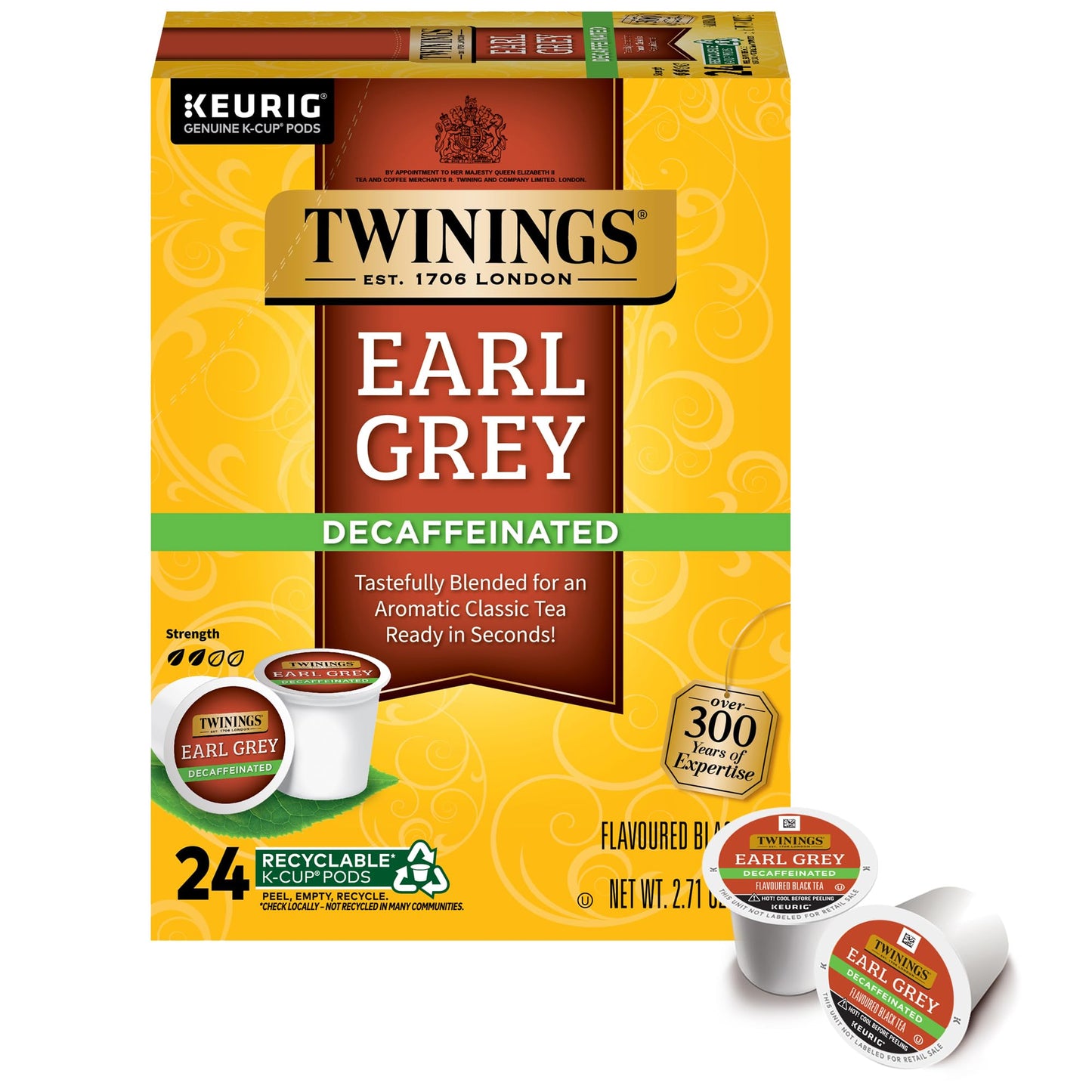 Twinings Decaf Earl Grey K-Cup Pods for Keurig, Decaffeinated Black Tea Flavoured with Citrus and Bergamot, 24 Count (Pack of 1)