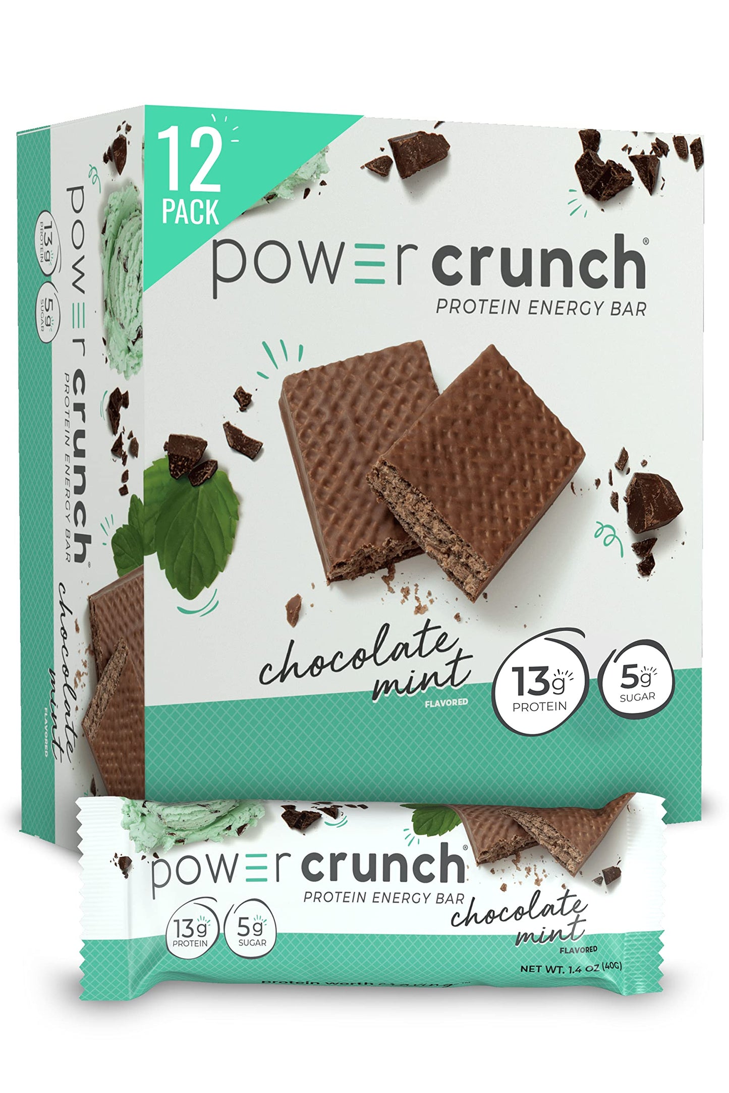 Power Crunch Protein Wafer Bars, High Protein Snacks With Delicious Taste, Chocolate Mint, 1.4 Ounce (12 Count)