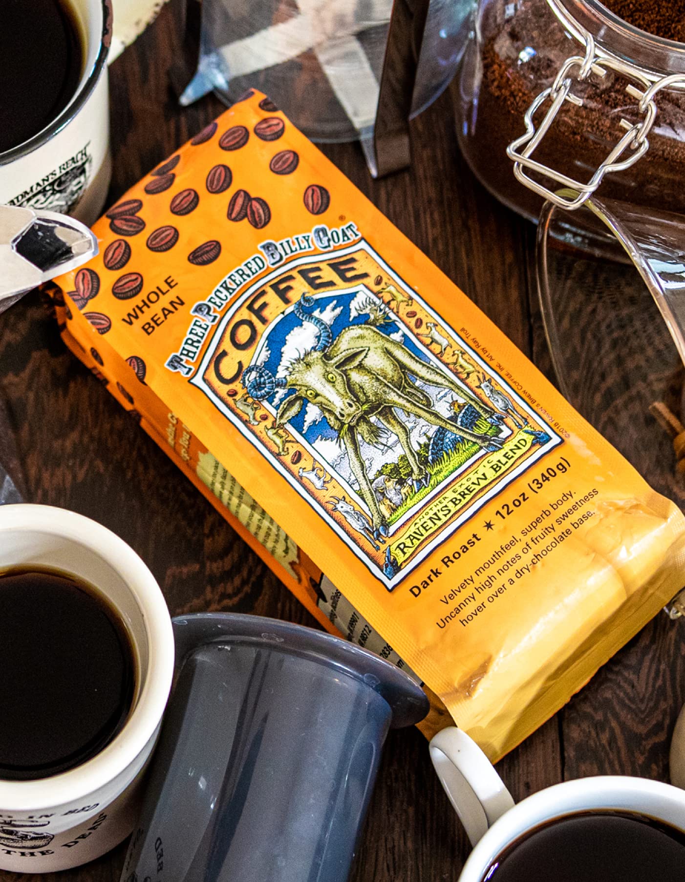 Ravens Brew Coffee Three Peckered Billy Goat Dark Roast Whole Bean, 12 Ounce