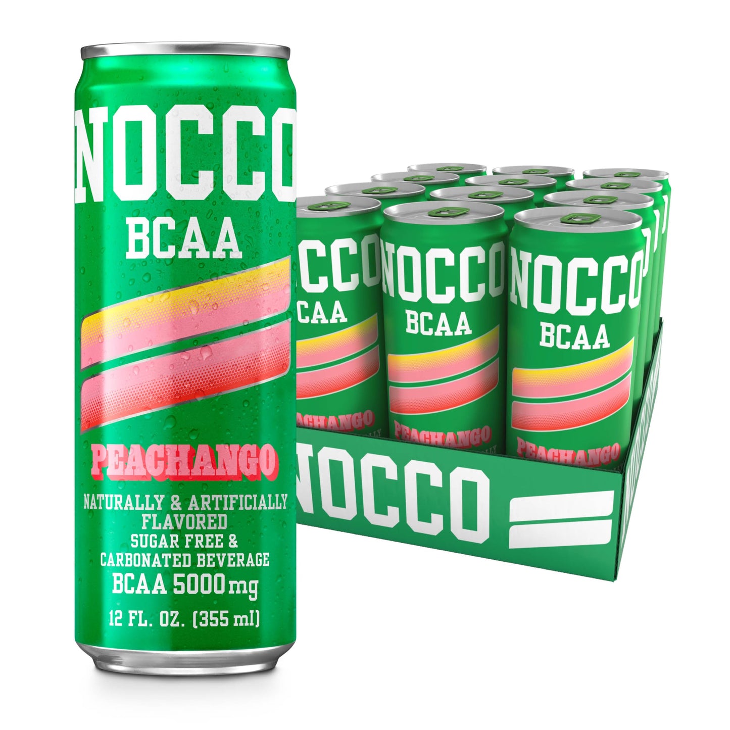 NOCCO BCAA Drink Peachango - Sugar Free & Low Calorie - 12 Fl Oz (Pack of 12) - 5000mg BCAAs, Caffeine Free, with Vitamins