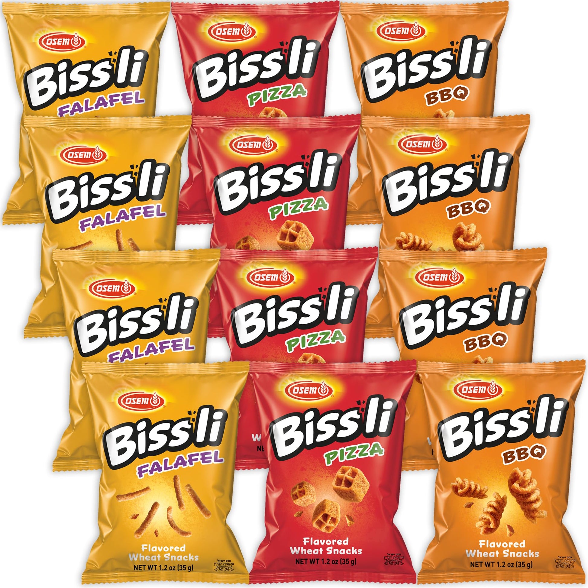 Osem Bissli Variety Pack - 3 Bold Flavors: Falafel, Pizza, BBQ, 1.23oz Bags (Pack of 12) - Crunchy Wheat Snacks