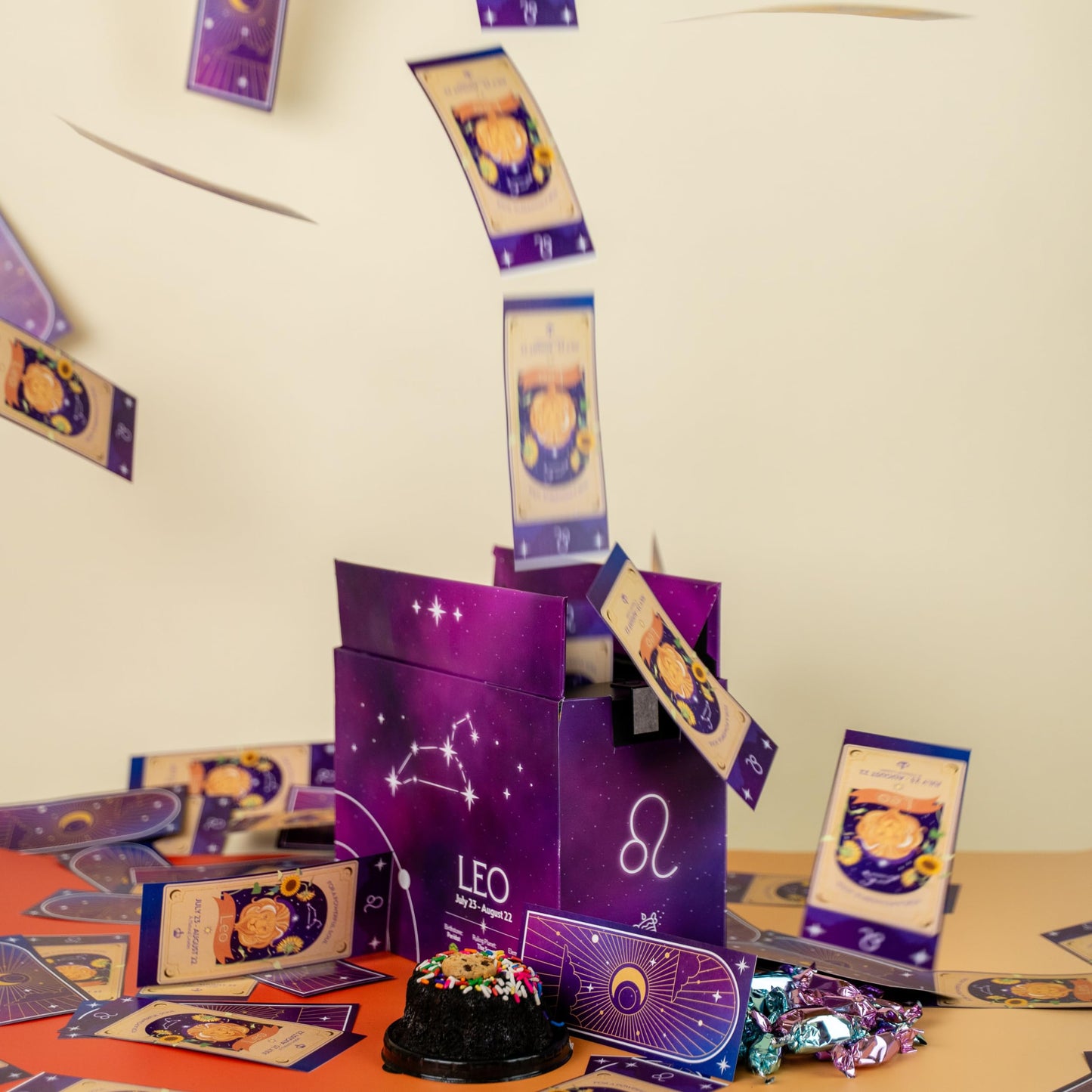 Send A Cake Leo Zodiac Fountain Birthday Box, Chocolate Chip Bundt Cake, Ready to Gift, Pink & Purple Caramels