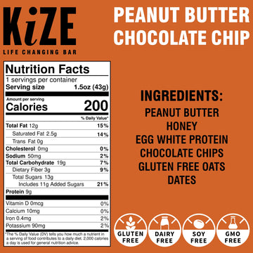 Kize Energy Bar, Peanut Butter Chocolate Chip, 6 Ingredients, 9G Protein, Clean & Simple Real Food, Gluten Free, Non-Gmo, Dairy