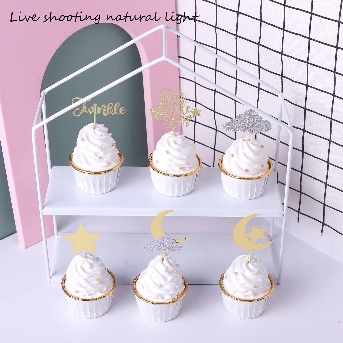 24 Pack Little Star Cupcake Toppers Glitter Moon Cloud Cupcake Picks Twinkle Star Baby Shower Kids Birthday Wedding Party Cake Decorations Supplies Gold