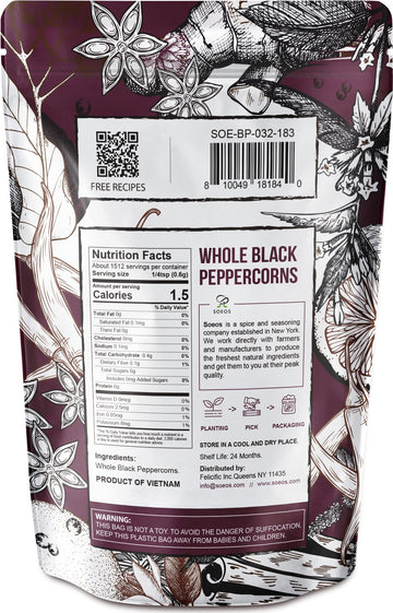 Soeos Black Peppercorns, 32oz (Pack of 1), Non-GMO, Kosher, Packed to Keep Peppers Fresh, Peppercorn for Grinder Refill, Whole P