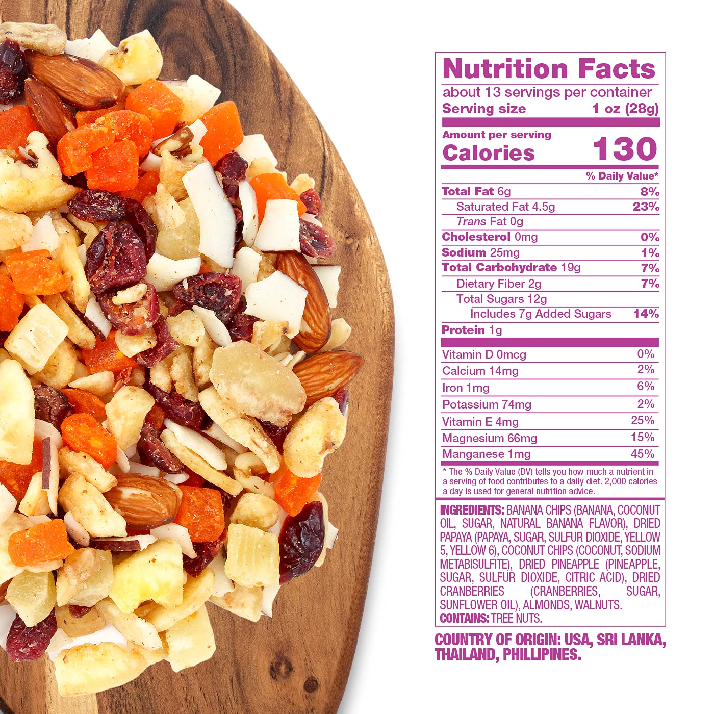 Sunkist Energy Boost Trail Mix - Fruit And Nut Mix, Low Sodium, Gluten Free Snack With Papaya, Walnuts, Coconut, Almonds, Banana