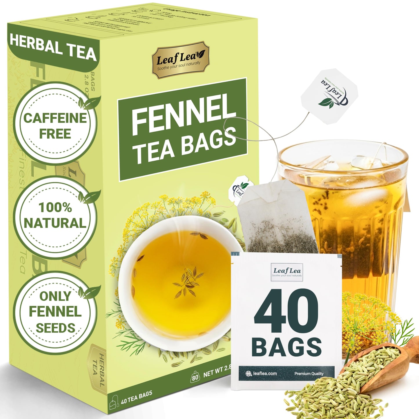 Leaflea 40 Fennel Tea Bags 100% Natural & Pure Fennel Seed Tea Gentle Digestion & Fresh Breath Mild Sweet Finish Energy Blend-Free Sugar-Free Vegan Non-Gmo Individually Wrapped