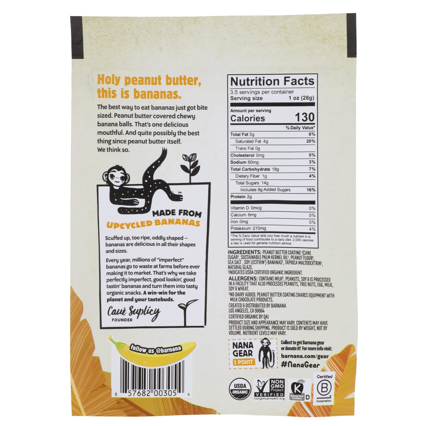 Barnana - Organic Chewy Dipped Banana Bites, Peanut Butter, Chewy Banana Snack, Made With Real Fruit, Kosher, USDA Organic, Pale