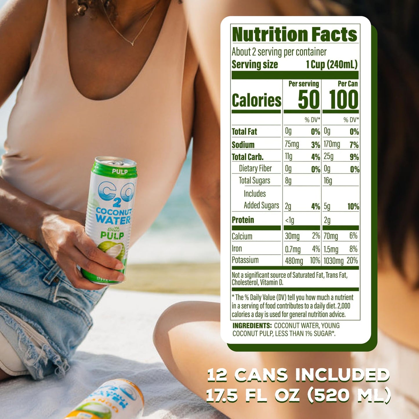 C2O Coconut Water with Pulp, 12 Pack Slim Cans, 17.5 fl oz