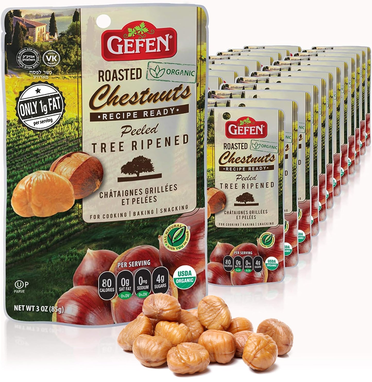 Gefen Organic Whole Peeled and Roasted Chestnuts, 3oz (24 Pack) | Chestnuts Peeled and Ready to Eat | Great for Cooking & Baking