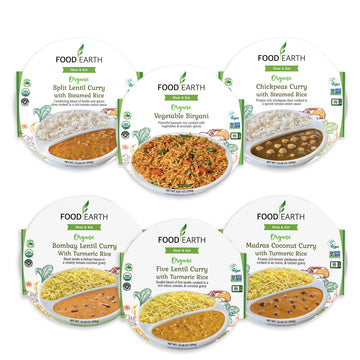 Food Earth Ready to Eat Indian Meals - Six Flavor Variety Pack - Organic, Microwavable, Premade & Quick - Lunch & Dinner Pack (6