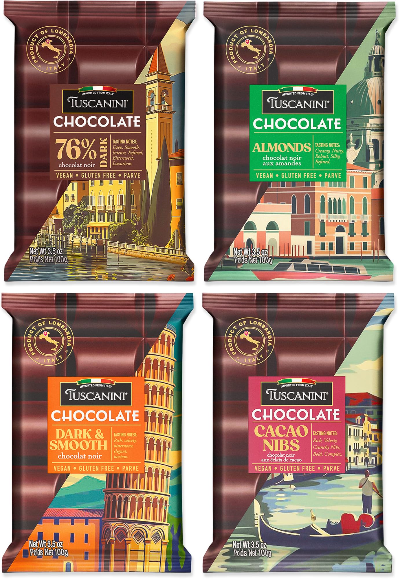 Tuscanini Dark Chocolate Variety Pack - 4 Flavors 3.5Oz Bars | Imported From Italy | Vegan Gluten Free Dairy Free | Dark & Smooth Almond Cacao Nibs 76% Extra Dark | Gourmet European Chocolate
