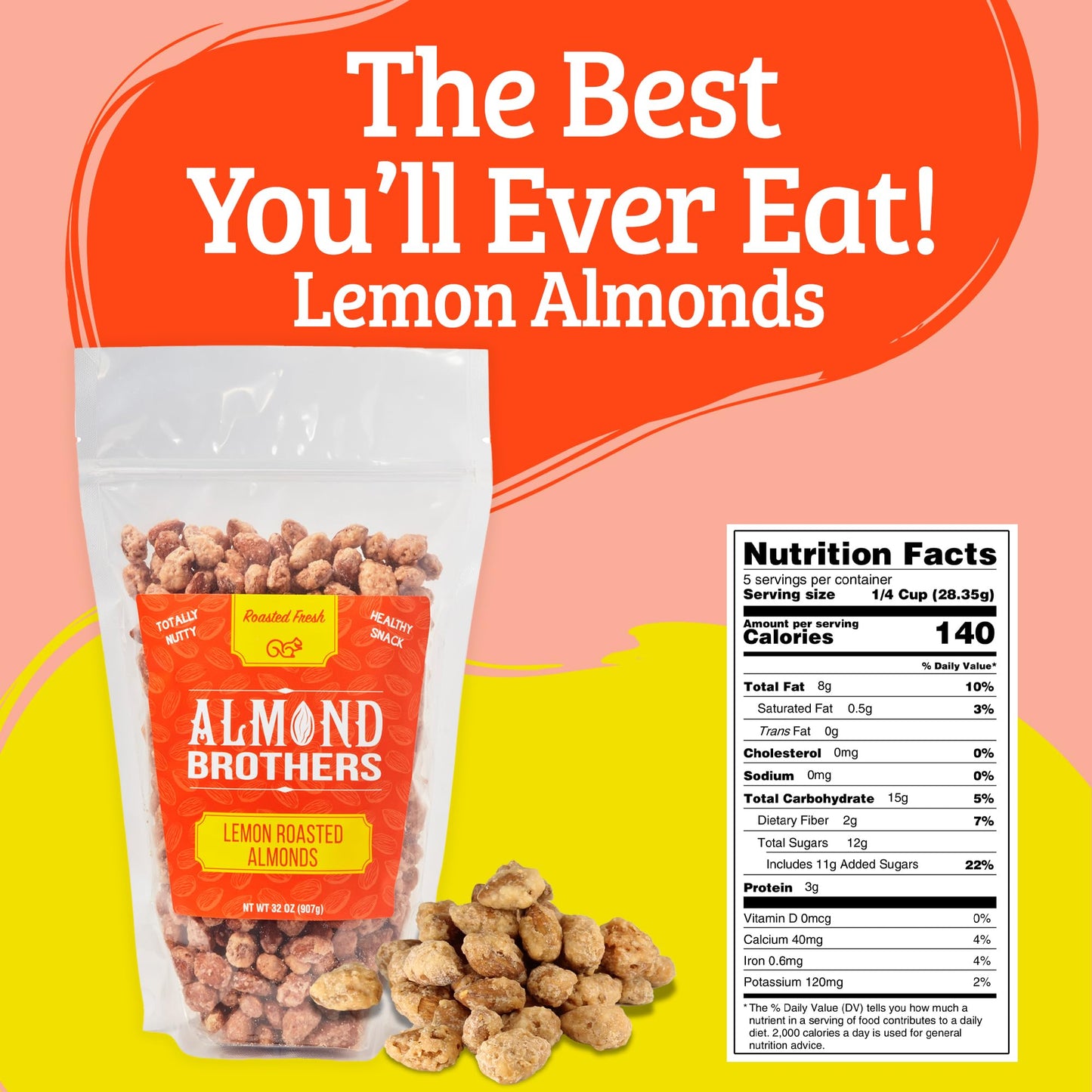 Almond Brothers Roasted Almonds - Hand Crafted Lemon Glazed Almonds, Gluten-Free, Non-Gmo, Candied Almonds - 2 Lb Bag