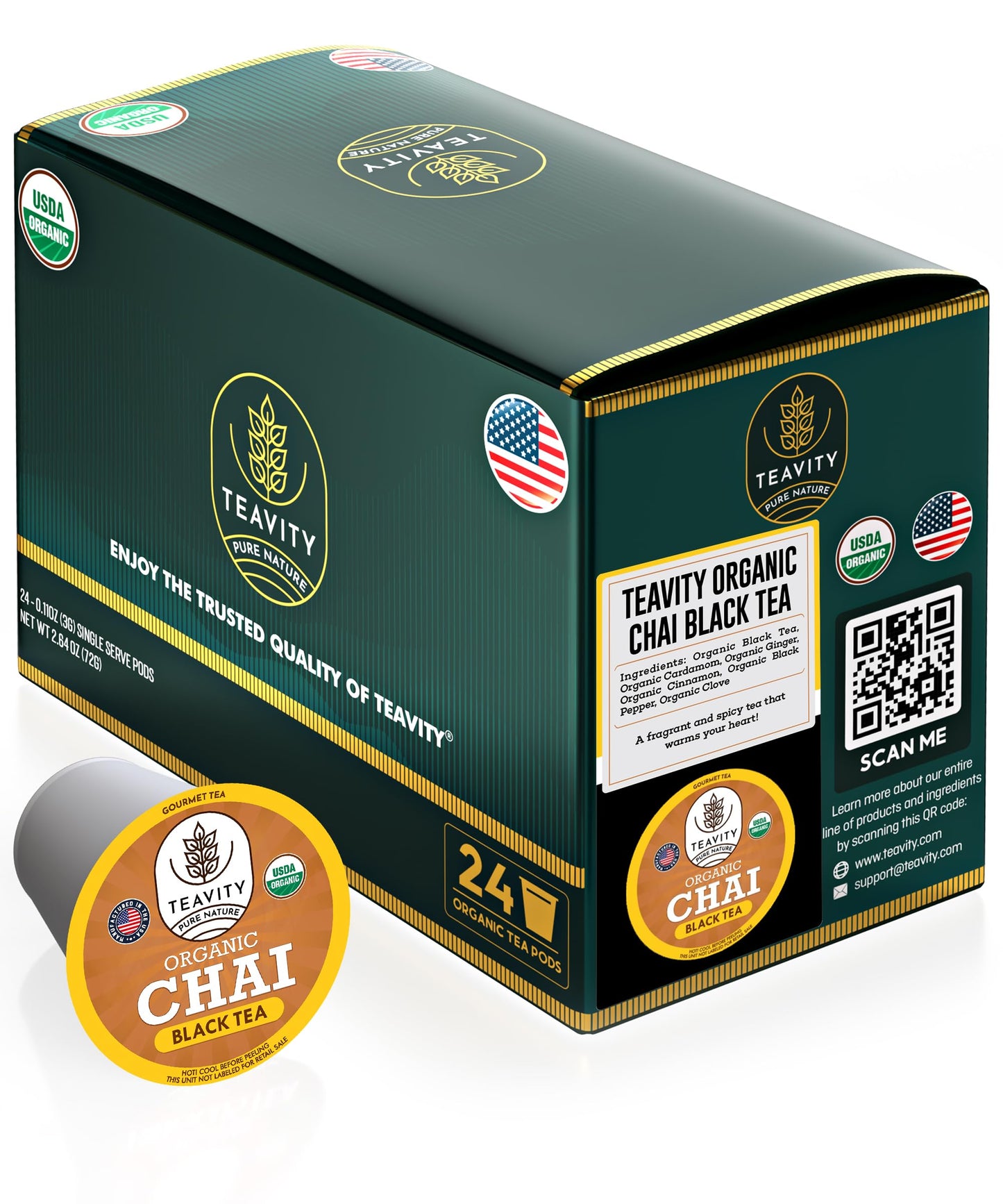 Organic Chai Black Tea Pods for Keurig Naturally Caffeinated by Teavity (24 Tea Pods)