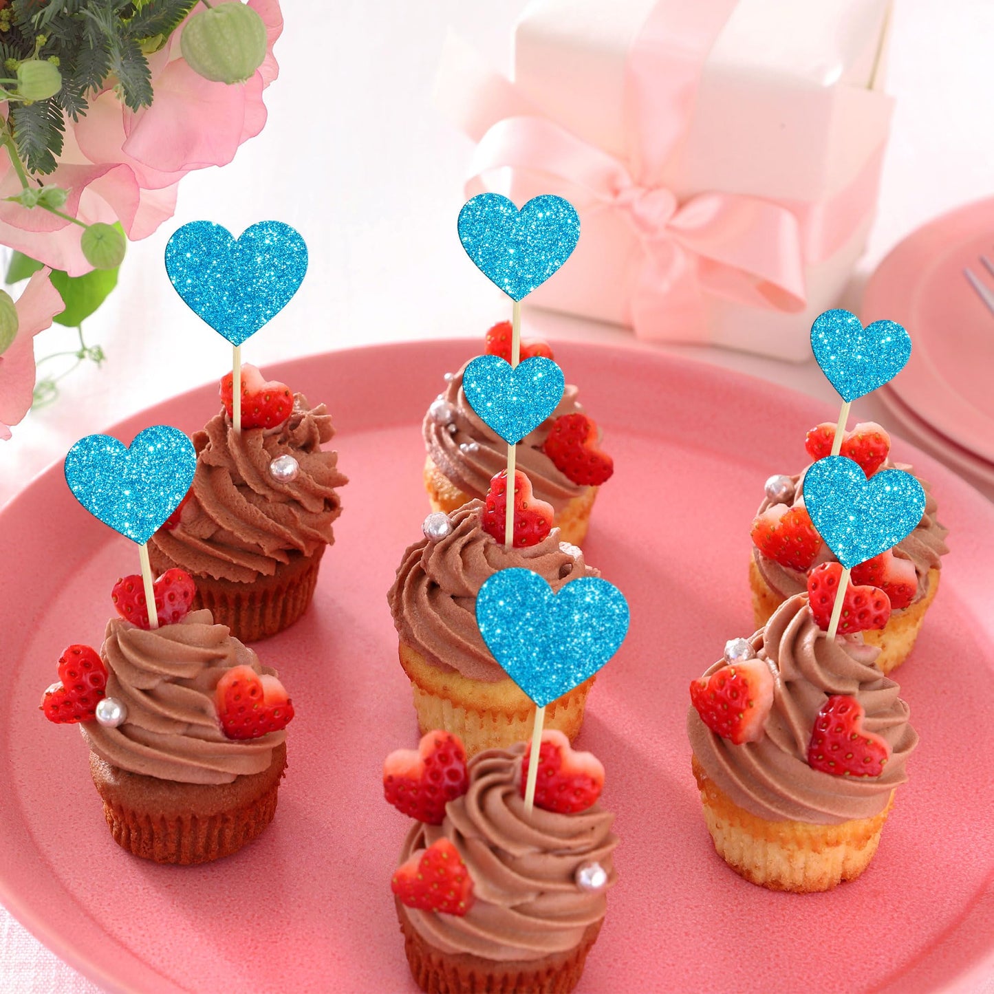 Gyufise Heart Cupcake Toppers 30Pcs Glitter Paper Picks for Valentines Day Party Decorations, Blue, Model ZN0555-BL