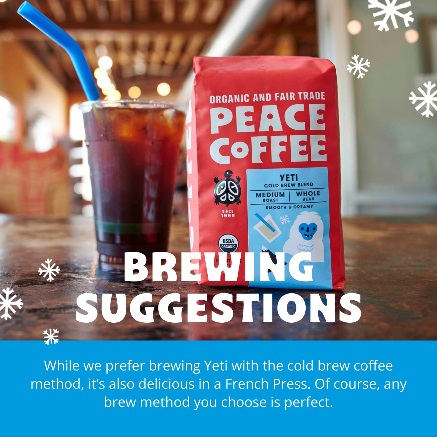 Peace Coffee Yeti Cold Brew Blend | 20 Oz Medium Roast Whole Bean | Organic Fair Trade | Smooth, Rich Flavor | Shade Grown, Fresh Roasted