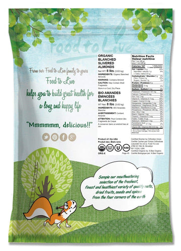 Food to Live - Organic Blanched Slivered Almonds, 8 Pounds - Non-GMO, Raw, Unpasteurized, Unsalted, Vegan, Keto, Paleo, Kosher,